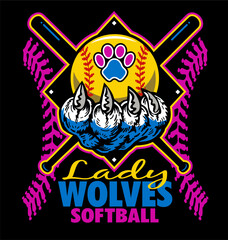 lady wolves softball team diamond design with claw holding ball for school, college or league sports
