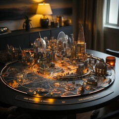 Fototapeta na wymiar AI-generated illustration of a miniature of an illuminated nighttime skyline of a bustling city