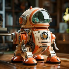 Fototapeta premium AI-generated illustration of a small orange robotic toy placed on a wooden surface