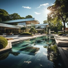Fototapeta premium AI generated illustration of a beautiful modern house with a swimming pool