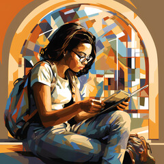 In a vibrant vector illustration inspired by American design, a single person is depicted in a studious action