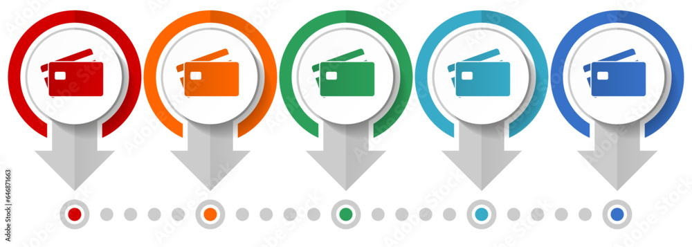 Poster Credit card, bank, finance vector icon set, flat design infographic template, set pointer concept icons in 5 color options for webdesign and mobile applications