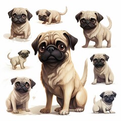 AI generated illustration of a cartoon character pug dog in different poses on the white background