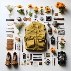 AI generated illustration of a flat lay of an array of hiking tools, flowers, clothing
