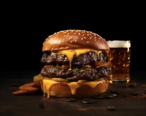 Delicious and juicy cheeseburger with a refreshing cold beer, AI-generated.