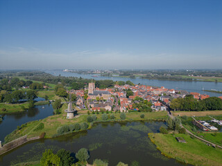 Aerial from the historical city Woudrichem at the river Merwede in the Netherlands