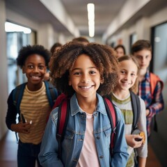 AI generated illustration of a group of students walking down a hallway at school