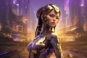 AI generated illustration of a female dressed in modern, futuristic attire in front of a cityscape