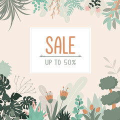 Summer sale background, exotic tropical leaves, lovely natural frame with home plants. Spring sale banner, design with beautiful flowers. Placard or printable poster template.