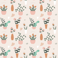 House plants seamless pattern. Trendy home decor with plants, texture template. Flowers in pots, house interior design. Green seamless tropical floral pattern. Repeat background.