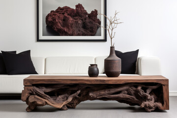 Rustic root ball coffee table near white sofa against white wall with decorative stone paneling. Minimalist style interior design of modern living room. 