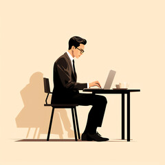 In a minimalist Korean design, a vector illustration depicts a man diligently working