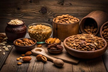 Fototapeta premium dry fruits on wooden table