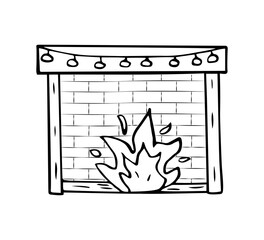 Christmas fireplace icon cartoon doodle style. Vector illustration sketch of a cozy festive home fireplace. Isolated on white.