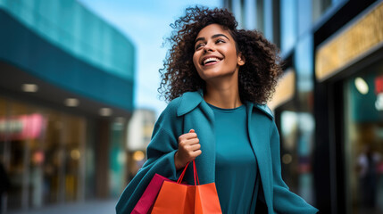 Happy smiling woman holding bags while shopping. - obrazy, fototapety, plakaty