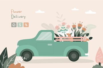 Flower delivery truck. Flowers shop mobile on wheels. Vintage pickup car with various bouquets of flowers. Floral automobile with plants in pots.