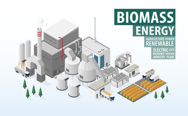 biomass energy, biomass power plant in isometric graphic