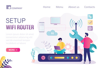 Setup wifi router, landing page, template. Improving quality of wireless communication. Male technician or system administrator repair and sets up communications equipment.