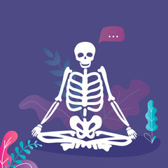 Human Skeleton in yoga lotus pose. meditating skeleton. Comic simplified skeleton sitting crossed legs. Hands on knees. Yoga relaxed asana or position.