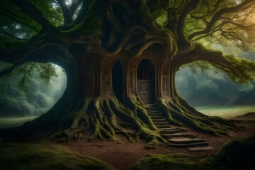 Ancient tree with a hidden door leading to an underground kingdom - AI Generative