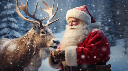 Photo of Santa Claus and a reindeer in a snowy landscape created with Generative AI technology