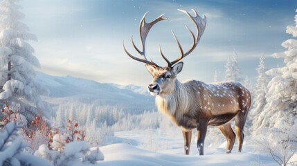 Photo of a majestic reindeer in a winter wonderland created with Generative AI technology