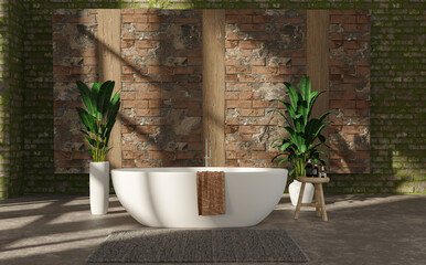 Mock up bathroom with white bathtub, 3d illustration rendering