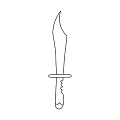 Funny hand drawn doodle with outline of combat knife with wood handle of the Wild west. Vector machete for exploring jungle, hunting, protection. Military knife, warrior dagger, hunter knife blade.