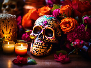 Naklejka premium Decorated skull for Day of the Dead festival - ai generative