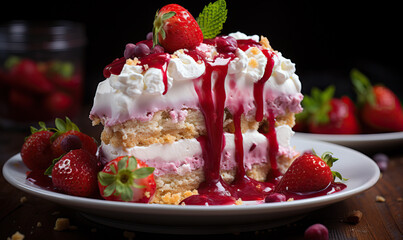 Delicious dessert, strawberry cheesecake on a blurred background.