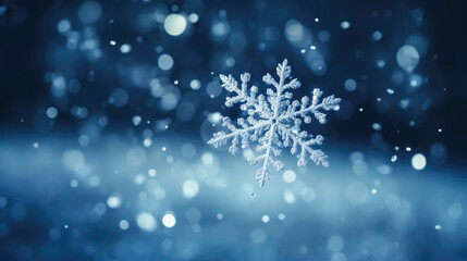 Snowflake falling in snowy surround - obrazy, fototapety, plakaty