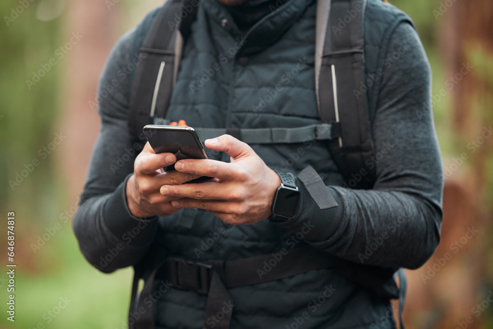 Poster Phone, hiking and hands of man in nature for training, trekking and exercise in woods. Fitness, travel and person on smartphone for GPS, location and digital map on adventure, freedom and journey