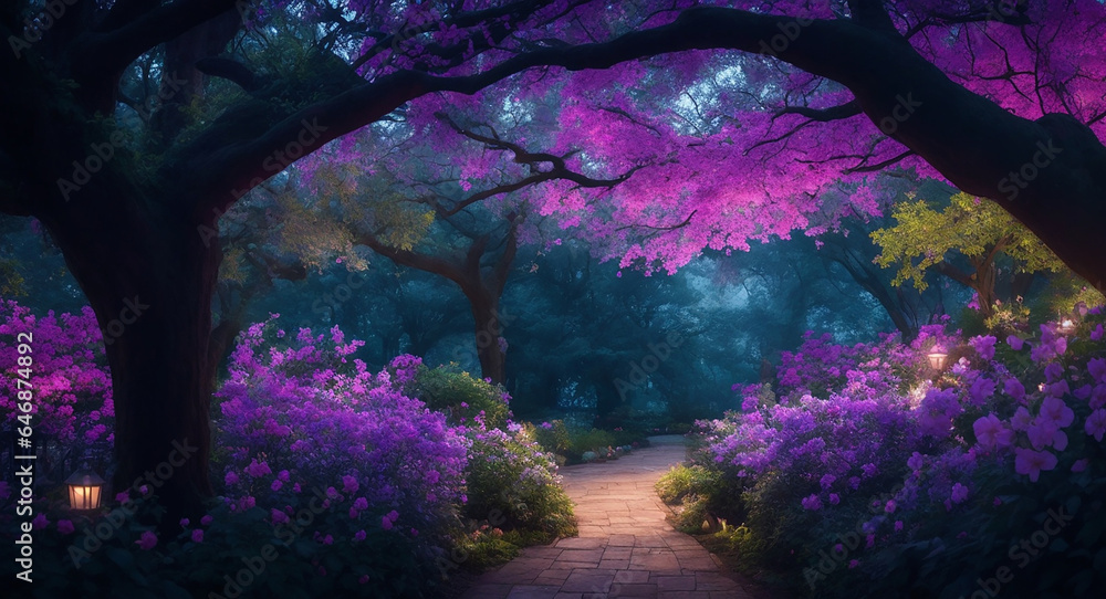 Poster beautiful garden, there is also various trees - ai generative