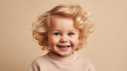 Portrait of a happy, blond little boy toddler, dressed in neutral attire, with a captivating gaze directed towards the camera against a light beige backdrop in a studio. Generative AI