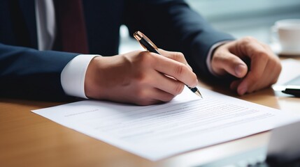 Close-up of Businessman Signing Contract At Desk In Office. Business concept.