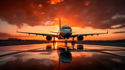 Fototapeta na wymiar Airplane is ready to take off at the sunset