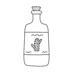 Simple hand drawn doodle with outline of tequila bottle with cactus label. Traditional Mexican alcohol drink icon in style. Party drinks and spirits clipart isolated on white background.