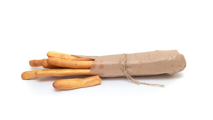 French bread in a paper bag on a white background