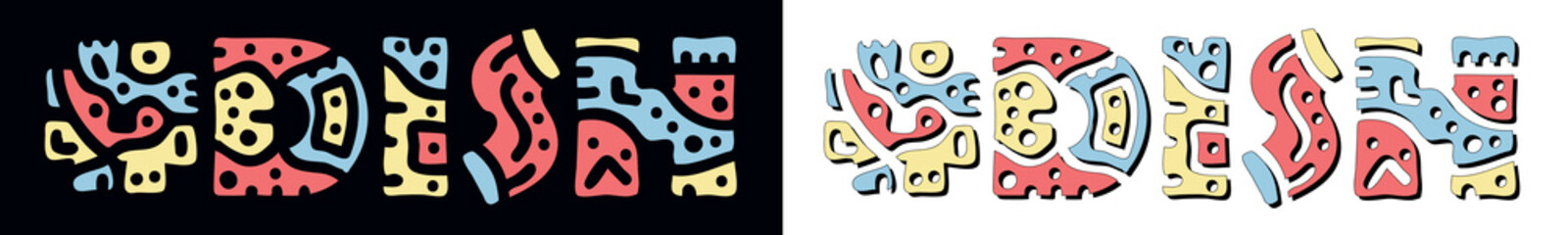 DISH Hashtag. Doodle isolate text. Colored curves decorative doodle letters. Folk artwork style. Hashtag #DISH for print, booklet, banner, flyer. Stock vector.