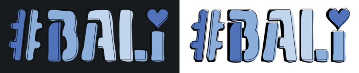 BALI with Heart Hashtag. Isolate curves doodle letters. Set 2 in 1. 3 colors. Popular Hashtag #BALI for social network, web resources, mobile apps, games. Stock picture.