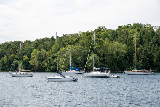 Sailboats at anchor near Chalotte, Vermont on Lake Champlain