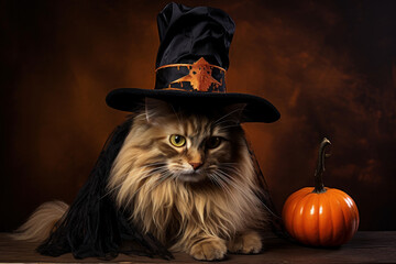 A red cat in a carnival costume and hat, Halloween, thanksgiving concept