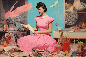 classic illustration of a 50s era, housewife in a retro vintage kitchen, classic candy color palette , wallpaper pattern use