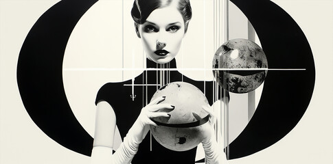 portrait illustration of a retro vintage girl , black and white wallpaper, posing in a surreal sceery