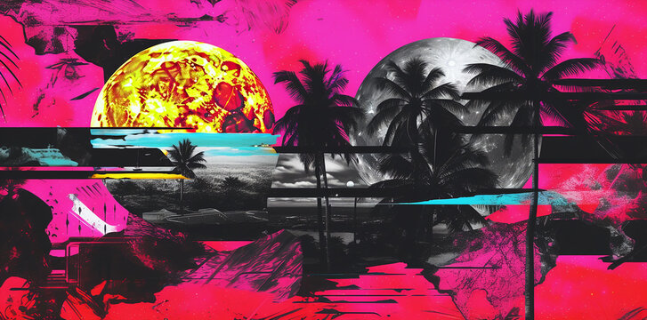surreal landscape with planets , shapes and empty scene  with neon vaporwave 80s  palette, wallpaper abstract theme concept