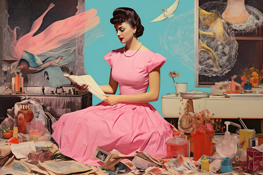classic illustration of a 50s era, housewife in a retro vintage kitchen, classic candy color palette , wallpaper pattern use