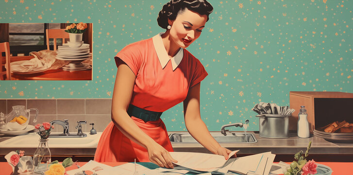 classic illustration of a 50s era, housewife in a retro vintage kitchen, classic candy color palette , wallpaper pattern use
