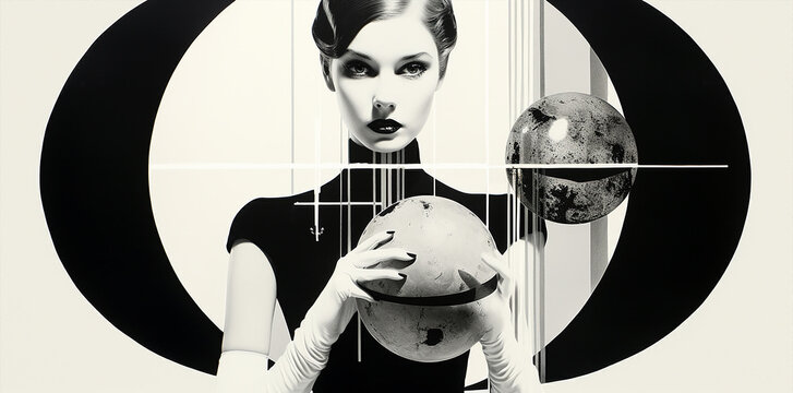portrait illustration of a retro vintage girl , black and white wallpaper, posing in a surreal sceery