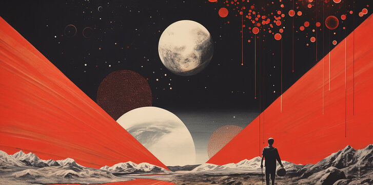 surreal landscape with planets , shapes and empty scene  with neon vaporwave 80s  palette, wallpaper abstract theme concept