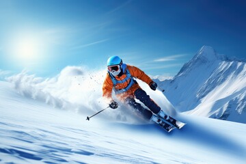 Passion for skiing against the backdrop of beautiful snowy mountains